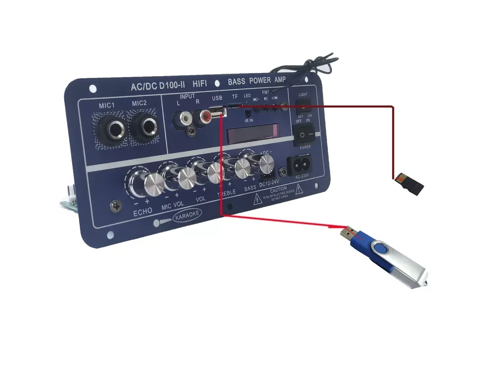 Mạch Karaoke D100 II Nâng Cấp — Kéo Bass 10–30, 2 Micro, Đài FM, Điều Khiển Từ Xa
