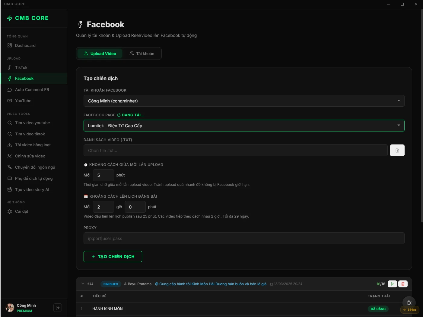 Phần mềm xây kênh tự động CMB CORE MARKETING tự động tìm kiếm trải xuống và upload theo lịch, chỉnh sửa video, tạo video hàng loạt