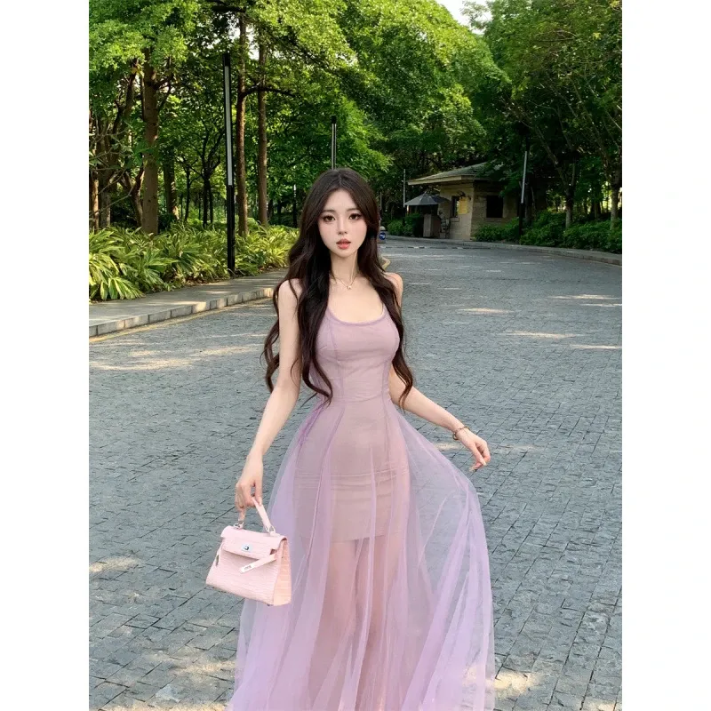 Váy lưới dài màu tím kiểu dáng Pure Desire gợi cảm ôm sát eo, váy chữ A dài hoa phong cách ngày lễ