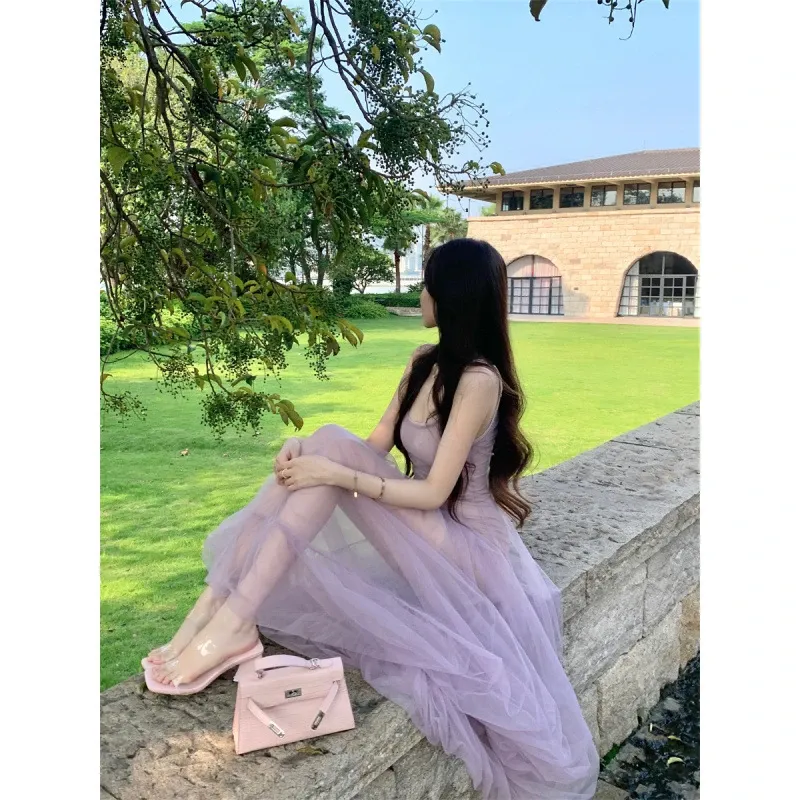 Váy lưới dài màu tím kiểu dáng Pure Desire gợi cảm ôm sát eo, váy chữ A dài hoa phong cách ngày lễ