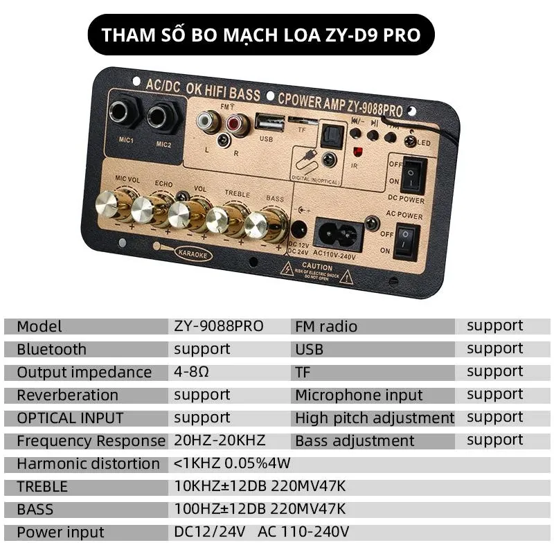 Bo mạch loa karaoke ZY-D9 PRO âm thanh HIFI tích hợp Echo & Reverb karaoke kết nối bluetooth 5.4, optical audio, usb, thẻ nhớ radio FM đủ phụ kiện