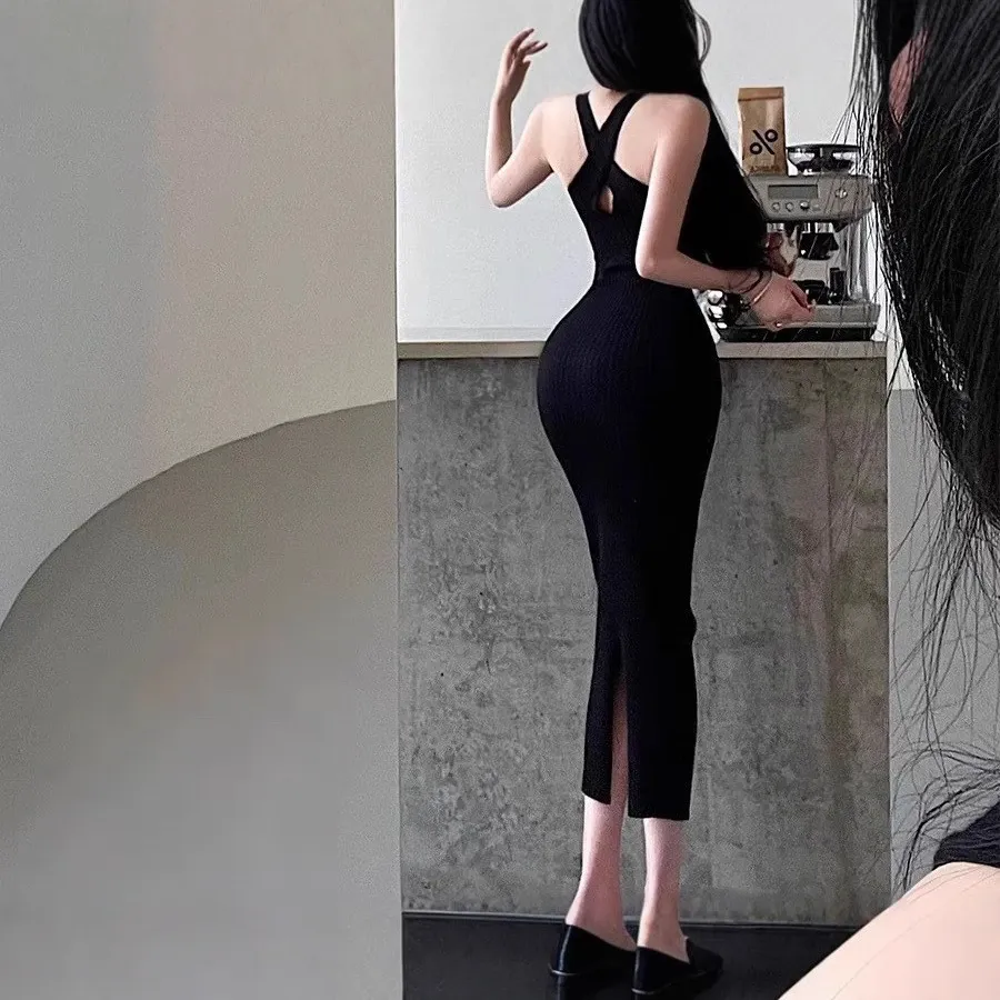Váy cổ yếm body dệt kim hở lưng gợi cảm hoàng đi tiệc tinh tế sang trọng ôm body