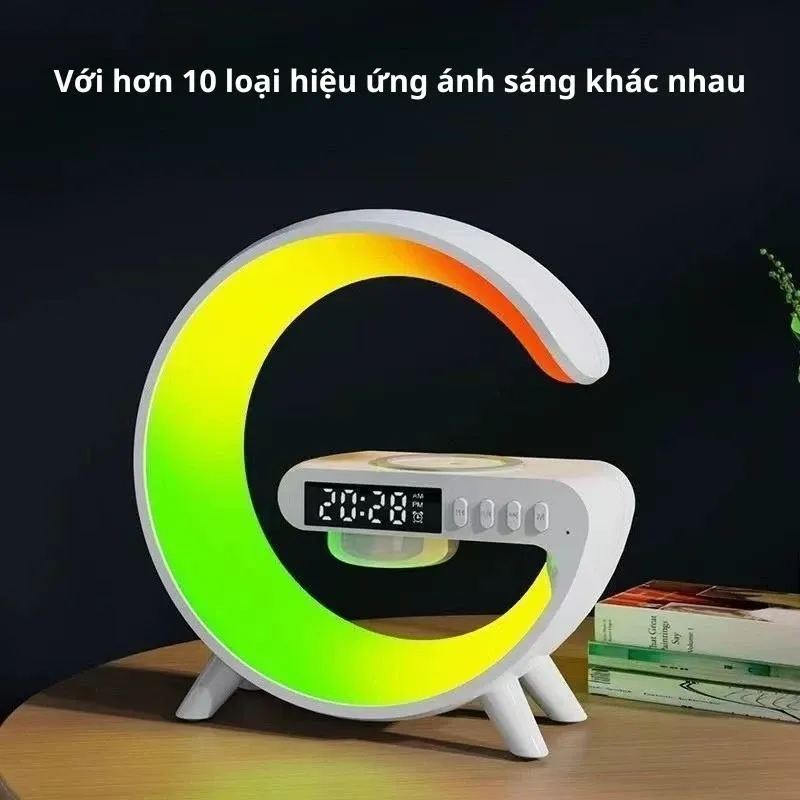 Loa bluetooth âm thanh nổi tích hợp đèn LED 10 chế độ kèm sạc magsafe không dây cao cấp tính năng báo thức xem giờ thích hợp trang trí