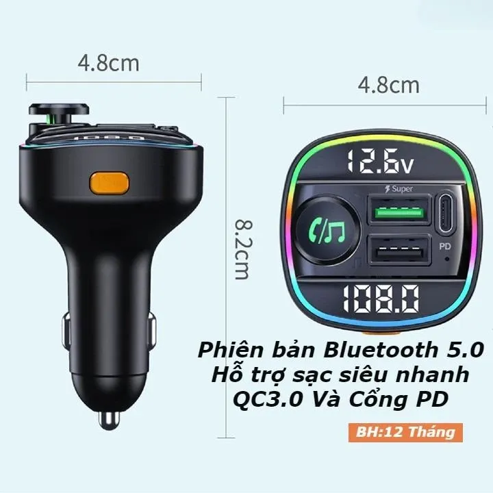 Tẩu Sạc tạo sóng bluetooth nghe nhạc cho xe ô tô không có bluetooth, Hỗ Trợ Sạc Nhanh Các Dòng Máy QC3.0 Và PD cao cấp