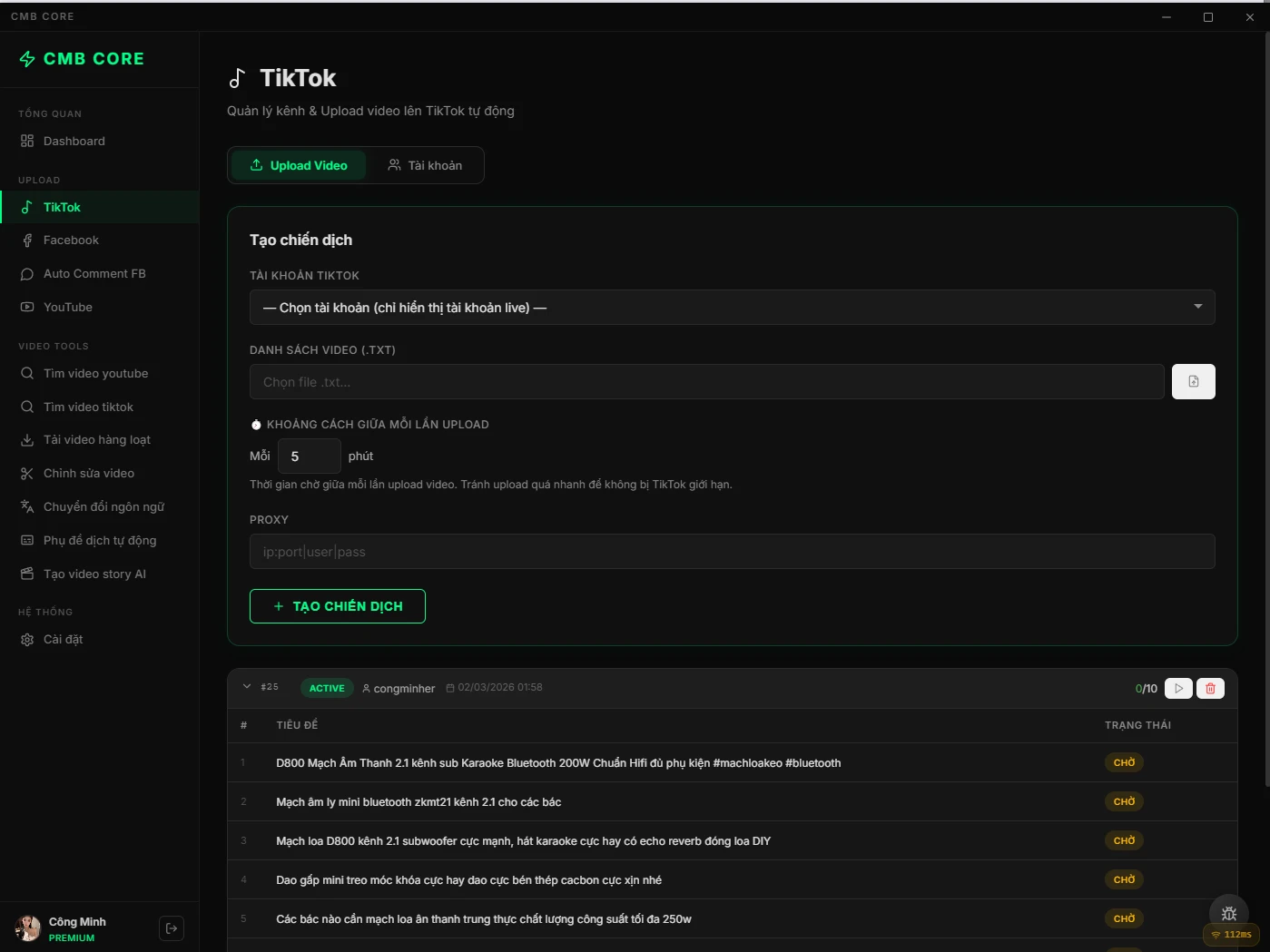 Phần mềm xây kênh tự động CMB CORE MARKETING tự động tìm kiếm trải xuống và upload theo lịch, chỉnh sửa video, tạo video hàng loạt