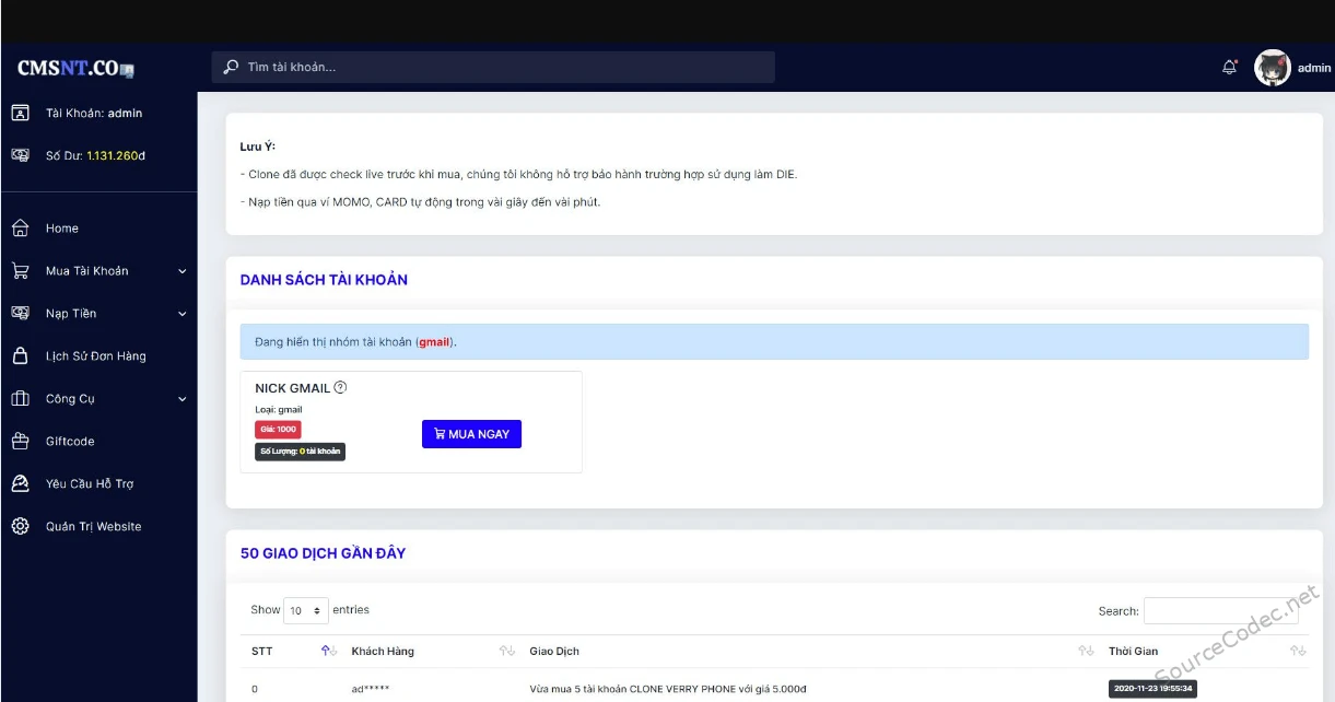 Source code website bán via, clone facebook và tài nguyên ads tích hợp nạp tiền tự động, bảng quản trị đầy đủ chức năng php