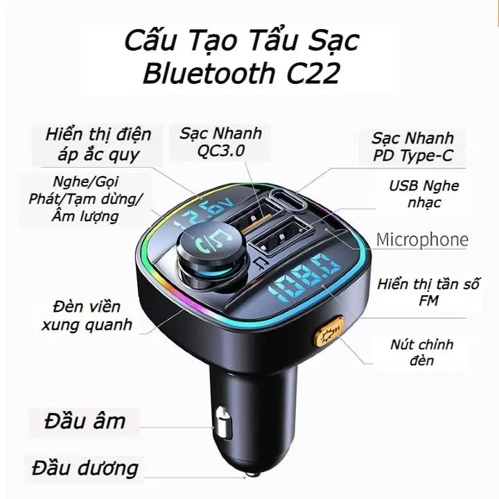 Tẩu Sạc tạo sóng bluetooth nghe nhạc cho xe ô tô không có bluetooth, Hỗ Trợ Sạc Nhanh Các Dòng Máy QC3.0 Và PD cao cấp