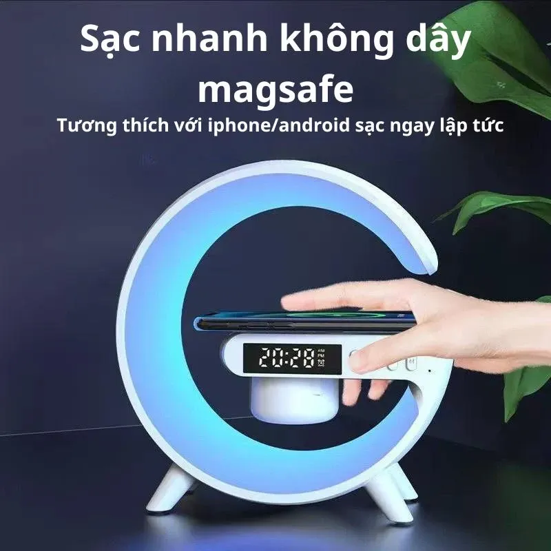 Loa bluetooth âm thanh nổi tích hợp đèn LED 10 chế độ kèm sạc magsafe không dây cao cấp tính năng báo thức xem giờ thích hợp trang trí