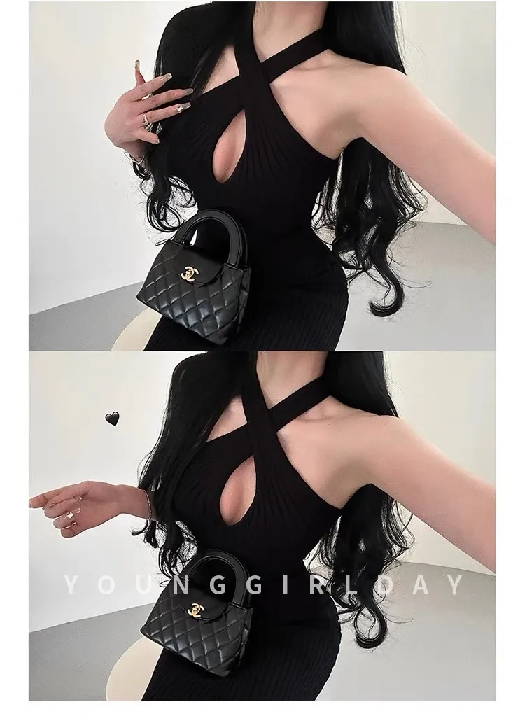 Váy cổ yếm body dệt kim hở lưng gợi cảm hoàng đi tiệc tinh tế sang trọng ôm body