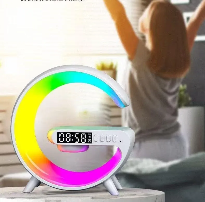Loa bluetooth âm thanh nổi tích hợp đèn LED 10 chế độ kèm sạc magsafe không dây cao cấp tính năng báo thức xem giờ thích hợp trang trí
