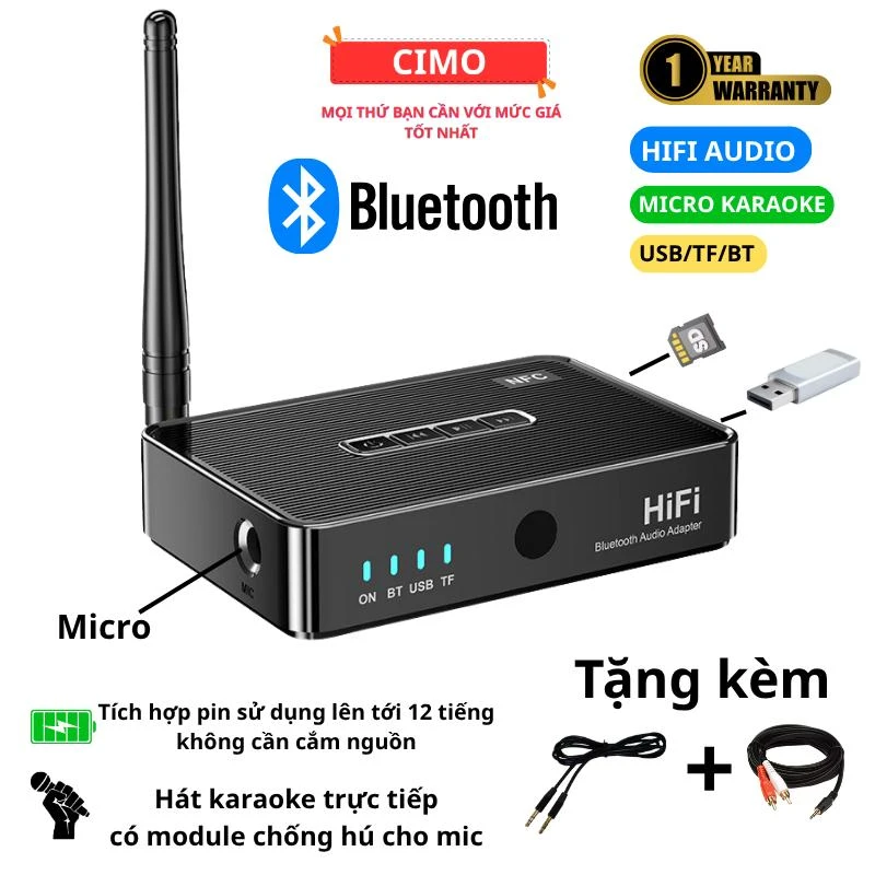 Bộ thu Bluetooth 5.1 âm thanh HIFI có cổng cắm mic hát karaoke chống hú, nghe nhạc USB thẻ nhớ, pin dùng 12 tiếng liên tục không cần cắm nguồn